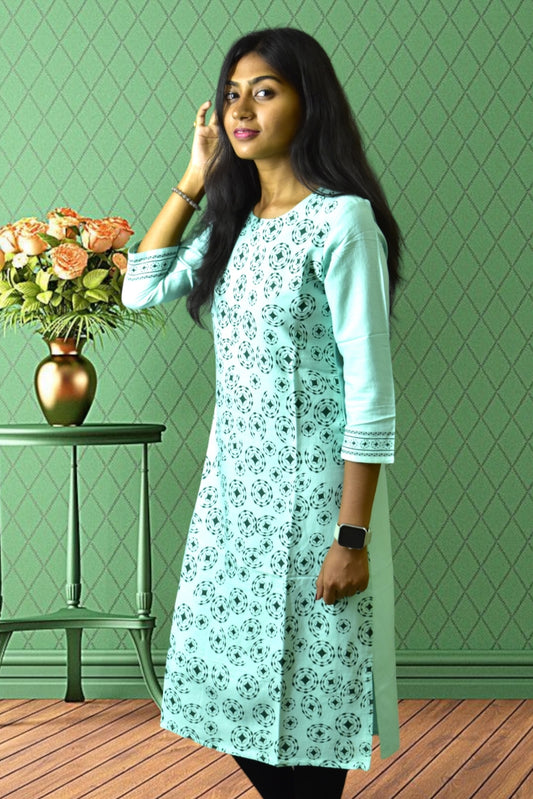 Simple Turquoise Patterned Cotton Kurti